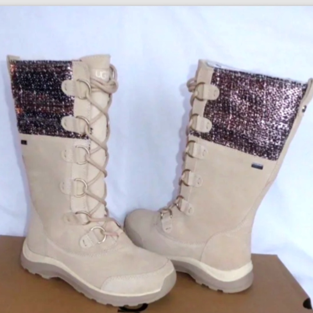 FINAL SALE UGG Atlason Frill Cream Fur Lined Waterproof Suede Boots NEW - Picture 4 of 12